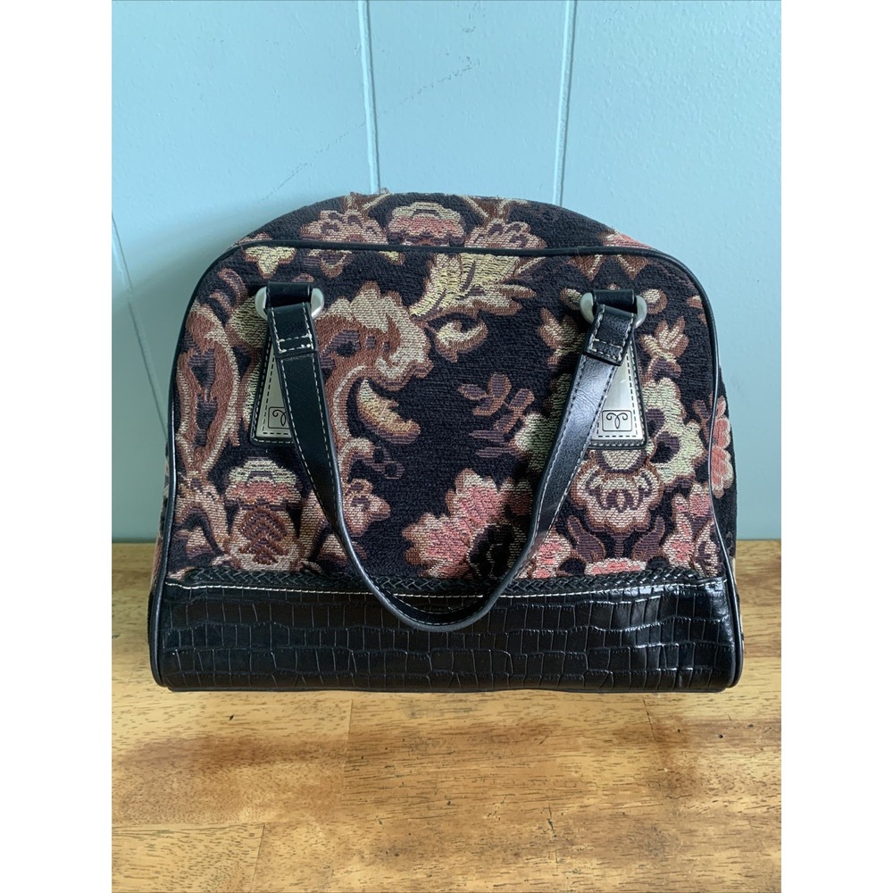 Vintage Retro Marlo Tapestry Sleek Travel Tote Bag pockets Black Floral Purse